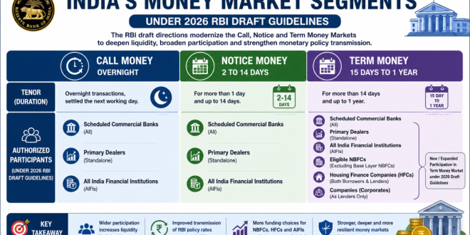Labeled infographic illustrating India's Money Market segments showing Call Money as overnight, Notice Money as 2 to 14 days, and Term Money as 15 days to 1 year with their respective authorized participants under the 2026 RBI draft guidelines.