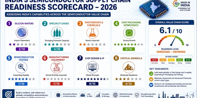Infographic displaying India's 2026 semiconductor supply chain readiness scorecard across eight industrial sectors with an overall value chain score of 6.1 out of 10.