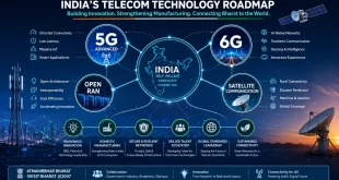 Graphic representation of India's telecom technology roadmap showing interconnected nodes for 5G Advanced, 6G, Open RAN, and domestic satellite communication networks.