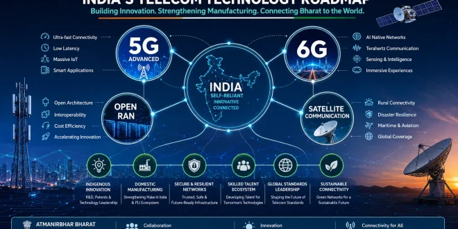 Graphic representation of India's telecom technology roadmap showing interconnected nodes for 5G Advanced, 6G, Open RAN, and domestic satellite communication networks.