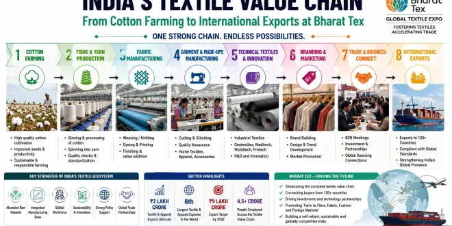 Labeled infographic depicting India's textile value chain from cotton farming to international exports at Bharat Tex.