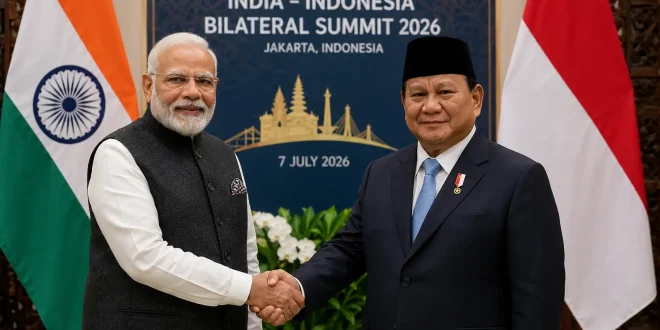 Indian Prime Minister Narendra Modi and Indonesian President Prabowo Subianto shaking hands in front of national flags during the 2026 bilateral summit in Jakarta, signifying an expanded strategic alliance.