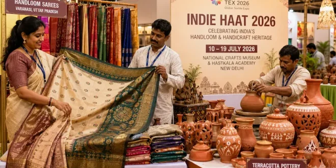 Artisans showcasing traditional Indian handloom sarees and terracotta pottery at the Indie Haat 2026 exhibition at the National Crafts Museum, New Delhi.