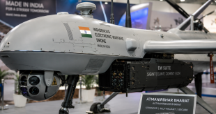 Close-up of an indigenous Indian military drone showcasing integrated electronic warfare sensors and locally manufactured chassis.