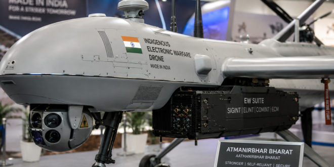 Close-up of an indigenous Indian military drone showcasing integrated electronic warfare sensors and locally manufactured chassis.