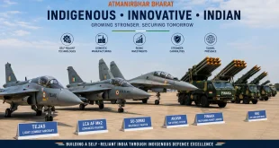 Lined up indigenous Indian military aircraft and multi-barrel rocket launcher systems highlighting the growth of India’s indigenous defence ecosystem.