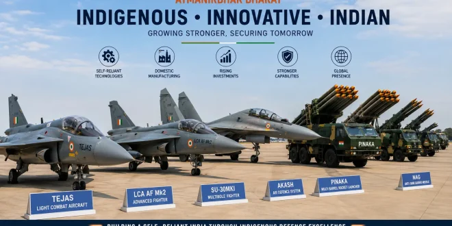Lined up indigenous Indian military aircraft and multi-barrel rocket launcher systems highlighting the growth of India’s indigenous defence ecosystem.