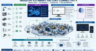 Labeled diagram illustrating Industry 4.0 smart factory connectivity, featuring Digital Twin simulations, IIoT sensors, and AI analytics integrated with MES systems.