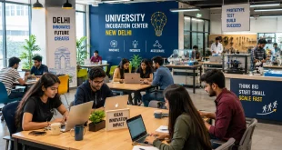 A modern, vibrant university incubation center in New Delhi filled with student entrepreneurs working on laptops, featuring co-working desks and high-tech lab equipment in the background.