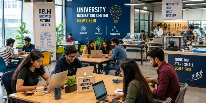 A modern, vibrant university incubation center in New Delhi filled with student entrepreneurs working on laptops, featuring co-working desks and high-tech lab equipment in the background.