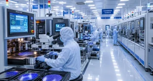 Modern automated semiconductor component manufacturing cleanroom facility with high-tech equipment.