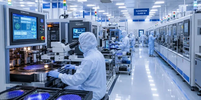 Modern automated semiconductor component manufacturing cleanroom facility with high-tech equipment.
