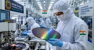 A modern semiconductor cleanroom fabrication facility in India with engineers in protective suits working on silicon wafers.