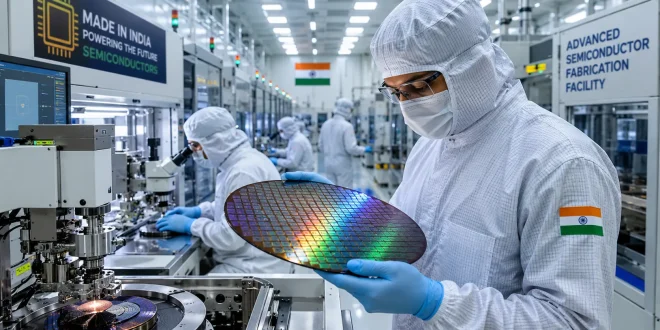 A modern semiconductor cleanroom fabrication facility in India with engineers in protective suits working on silicon wafers.