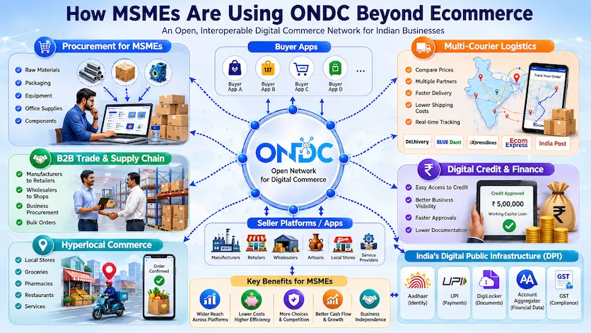 Diagram illustrating the ONDC open network architecture connecting MSME procurement, multi-courier logistics, B2B trade, digital credit, and India's DPI stack.