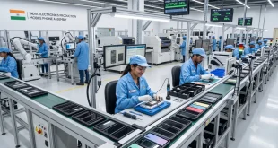Modern electronics assembly line with technicians assembling smartphones in a state-of-the-art Indian manufacturing facility.