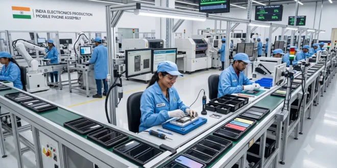 Modern electronics assembly line with technicians assembling smartphones in a state-of-the-art Indian manufacturing facility.