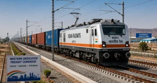 A modern high-speed electric freight train running along the Western Dedicated Freight Corridor in India.