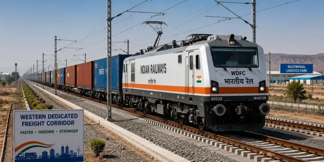A modern high-speed electric freight train running along the Western Dedicated Freight Corridor in India.