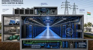 An architectural cross-section of a modern hyperscale data center facility in India, showing long corridors of server racks illuminated by blue LED indicator lights, integrated liquid cooling pipelines, and overhead high-voltage power lines.