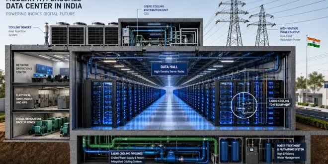 An architectural cross-section of a modern hyperscale data center facility in India, showing long corridors of server racks illuminated by blue LED indicator lights, integrated liquid cooling pipelines, and overhead high-voltage power lines.