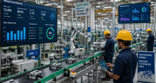 A modern small-scale Indian manufacturing factory floor utilizing automated conveyor belts and digital monitoring screens.