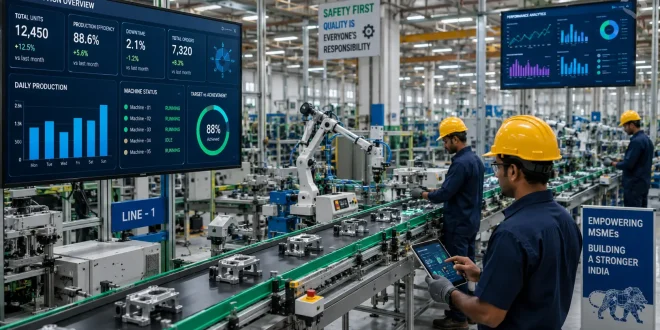 A modern small-scale Indian manufacturing factory floor utilizing automated conveyor belts and digital monitoring screens.