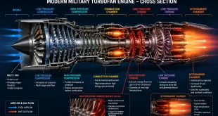 Cross-section diagram of a modern military turbofan engine showing high-pressure turbine blades and afterburner chamber