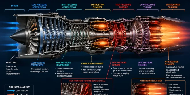 Cross-section diagram of a modern military turbofan engine showing high-pressure turbine blades and afterburner chamber