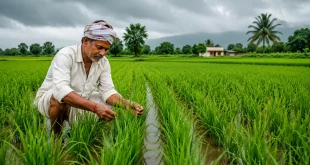 A Indian farmer inspecting green Kharif rice crops in a well-irrigated field during the southwest monsoon season.