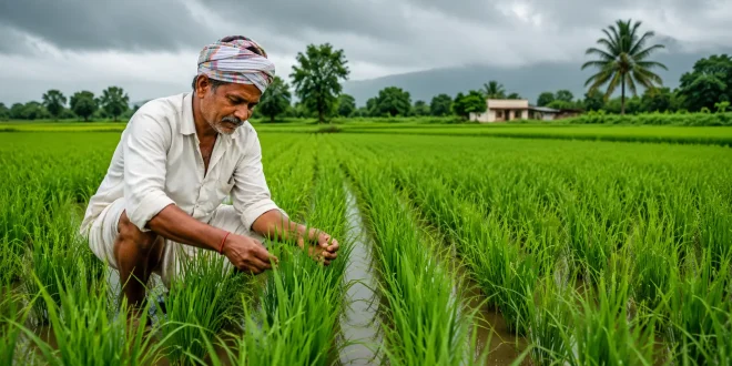 A Indian farmer inspecting green Kharif rice crops in a well-irrigated field during the southwest monsoon season.