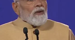 Prime Minister Narendra Modi speaking in Melbourne with futuristic 6G telecom towers, AI-powered digital networks, semiconductor chips and a smart city skyline representing India's 6G Vision and the future of telecommunications.