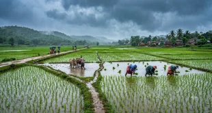 Paddy agricultural field in India filled with rainwater during the active July 2026 southwest monsoon season.