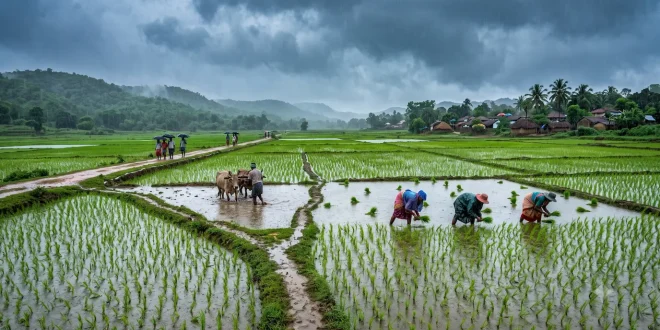 Paddy agricultural field in India filled with rainwater during the active July 2026 southwest monsoon season.