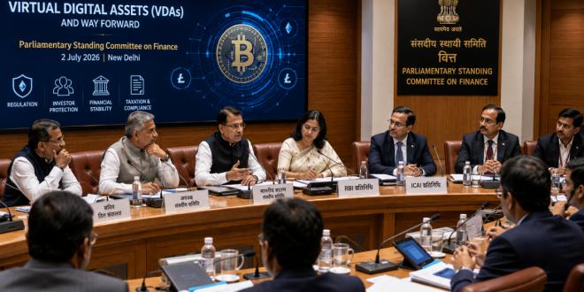 Members of the Indian parliamentary panel discussing regulatory policies with financial experts.