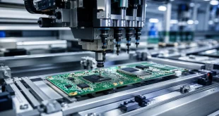 Close-up photograph of an automated surface mount technology (SMT) assembly line precision-placing microchips onto a green smartphone printed circuit board (PCB) inside a cleanroom environment.