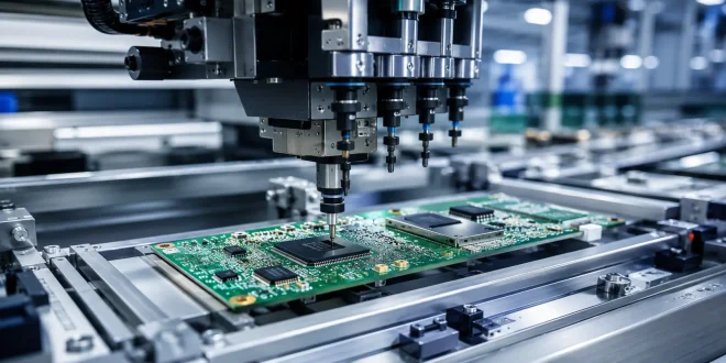 Close-up photograph of an automated surface mount technology (SMT) assembly line precision-placing microchips onto a green smartphone printed circuit board (PCB) inside a cleanroom environment.