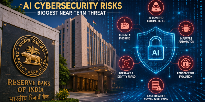 Infographic showing the Reserve Bank of India (RBI) headquarters alongside digital binary code symbols representing AI cybersecurity risks.