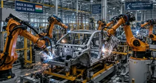 An automated automotive factory floor in India featuring multi-axis robotic arms welding a car chassis with precise sparks.