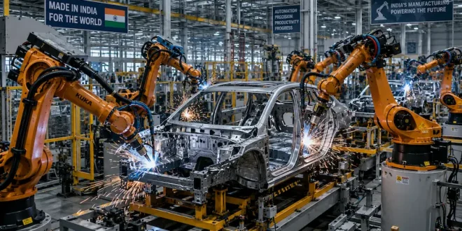 An automated automotive factory floor in India featuring multi-axis robotic arms welding a car chassis with precise sparks.
