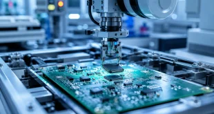 Close-up view of an automated robotic arm precision-placing an integrated circuit chip onto a green printed circuit board inside a modern cleanroom electronics assembly facility.