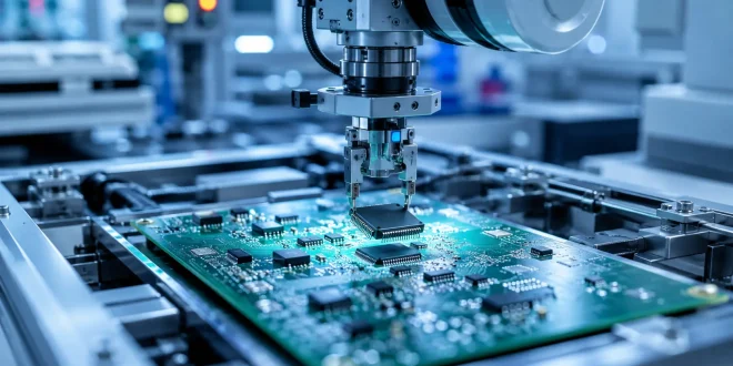 Close-up view of an automated robotic arm precision-placing an integrated circuit chip onto a green printed circuit board inside a modern cleanroom electronics assembly facility.