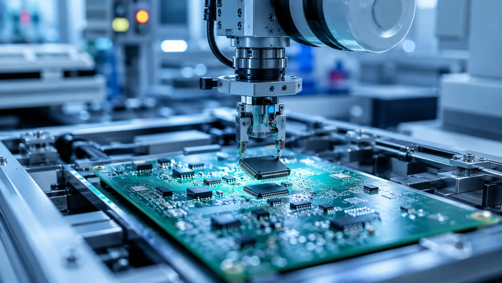 Close-up view of an automated robotic arm precision-placing an integrated circuit chip onto a green printed circuit board inside a modern cleanroom electronics assembly facility.