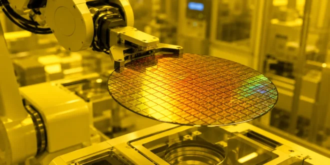 Close-up of a high-tech silicon wafer being handled by a robotic arm inside a dust-free, yellow-lit semiconductor fabrication cleanroom.