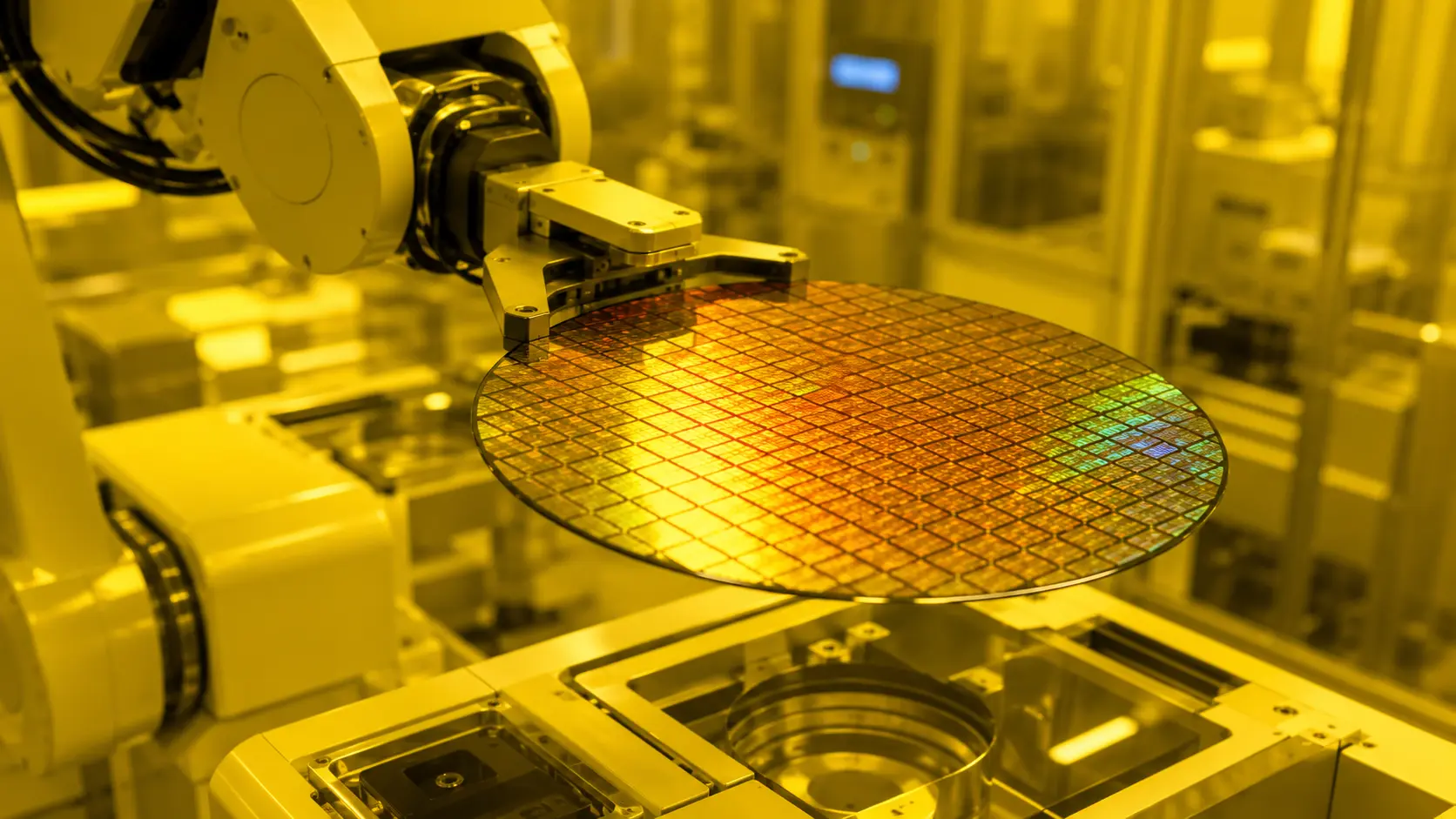 Close-up of a high-tech silicon wafer being handled by a robotic arm inside a dust-free, yellow-lit semiconductor fabrication cleanroom.