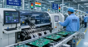 High-tech automated surface-mount technology (SMT) circuit board manufacturing line in an Indian electronics factory.