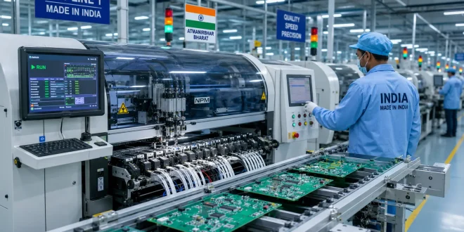 High-tech automated surface-mount technology (SMT) circuit board manufacturing line in an Indian electronics factory.