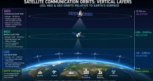 Diagram showing the vertical layers of LEO, MEO, and GEO satellite communication orbits relative to the Earth's surface.