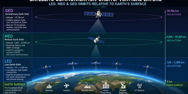 Diagram showing the vertical layers of LEO, MEO, and GEO satellite communication orbits relative to the Earth's surface.