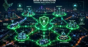 A futuristic, abstract visualization of interconnected digital city nodes showing green glowing data streams, representing secure IoT infrastructure and smart city technology in India.